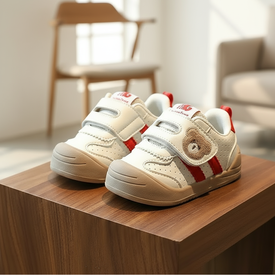 KinderMove– Robust&geschmeidig - Klettverschluss-Sneakers mit Bärenmotiv Rot / 25 (3.5–4 Jahre) | Pädagogisches Holzspielzeug von Mein Kleines Baby