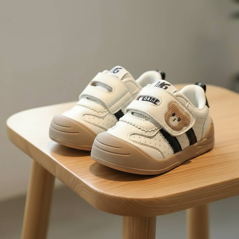 KinderMove– Robust&geschmeidig - Klettverschluss-Sneakers mit Bärenmotiv Schwarz / 17 (9–12 Monate) | Pädagogisches Holzspielzeug von Mein Kleines Baby