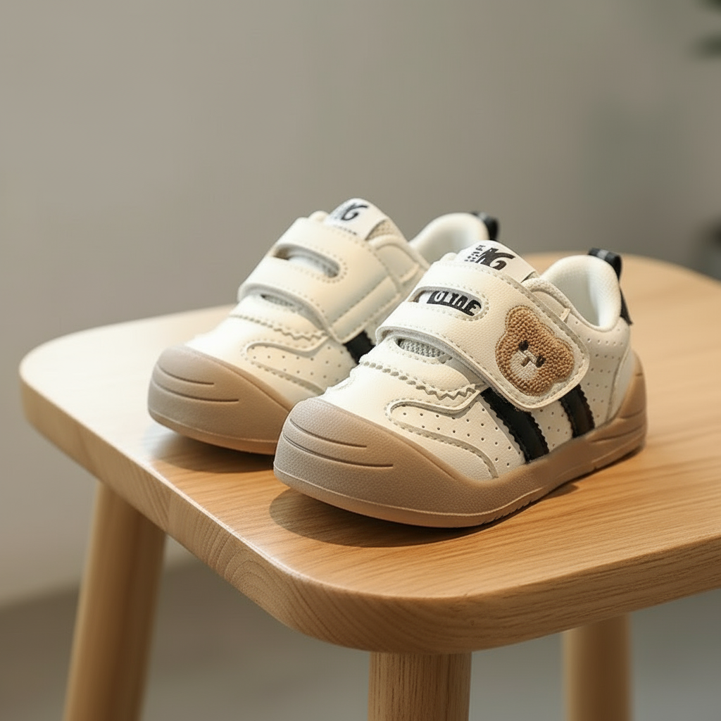KinderMove– Robust&geschmeidig - Klettverschluss-Sneakers mit Bärenmotiv Schwarz / 22 (2–2.5 Jahre) | Pädagogisches Holzspielzeug von Mein Kleines Baby