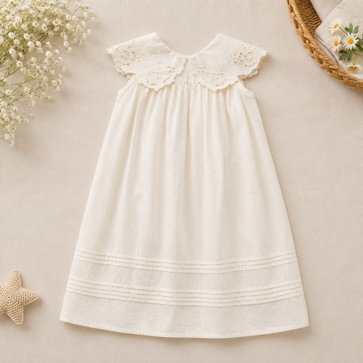 Lace Stitching Dress – Eleganz & Komfort – Spitze & Stickereien Anhänger in Form eines Schneeglöckchenblatts / 90 (18–24 Monate) | Pädagogisches Holzspielzeug von Mein Kleines Baby