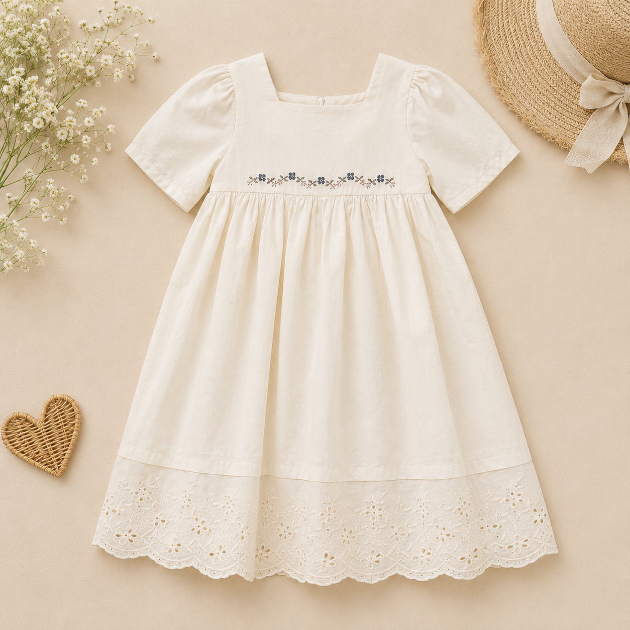 Lace Stitching Dress – Eleganz & Komfort – Spitze & Stickereien Ivory Bloom Klassisch / 130 (6–7 Jahre) | Pädagogisches Holzspielzeug von Mein Kleines Baby