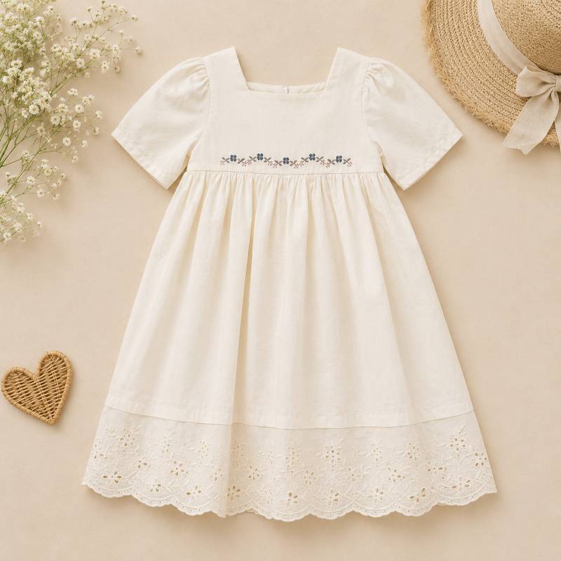 Lace Stitching Dress – Eleganz & Komfort – Spitze & Stickereien Ivory Bloom Klassisch / 130 (6–7 Jahre) | Pädagogisches Holzspielzeug von Mein Kleines Baby
