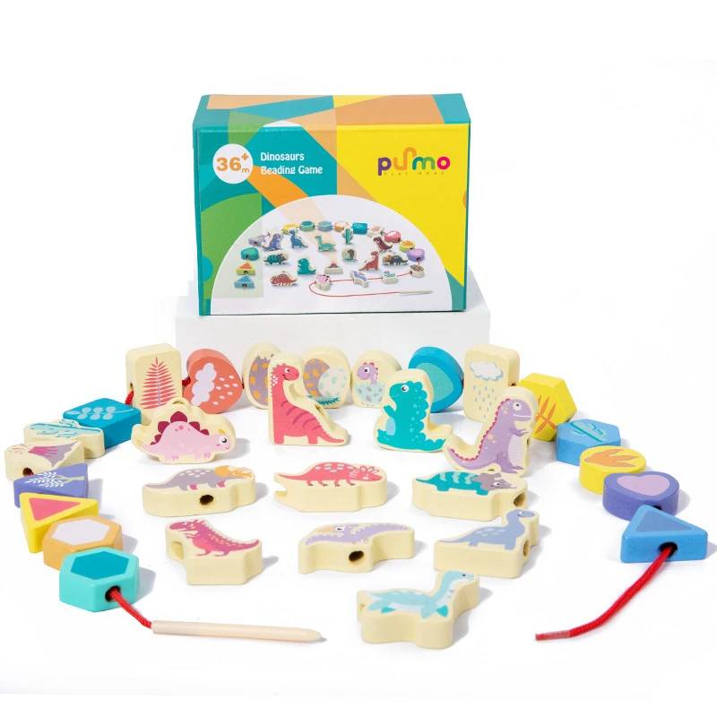 Lace&Thread™ – Stapeln&Einfädeln Spiel –  Auffädeln von Perlen Dinosaurier | Pädagogisches Holzspielzeug von Mein Kleines Baby