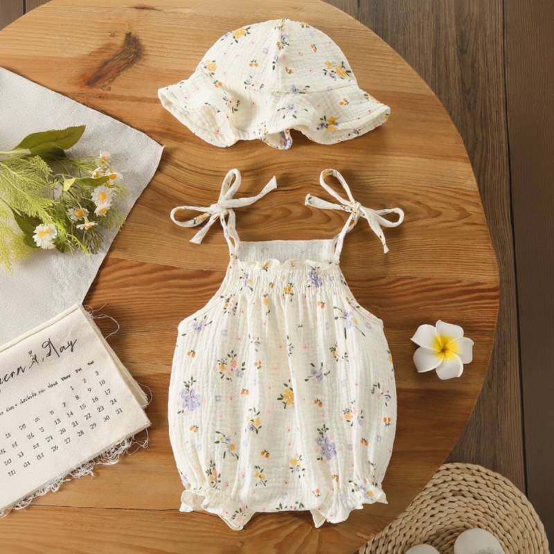LittleBlossom – Sommerlich, bequem und stilvoll – Baby-Sling-Body mit Hut Blumenmotiv / 80 (9–12 Monate) | Pädagogisches Holzspielzeug von Mein Kleines Baby