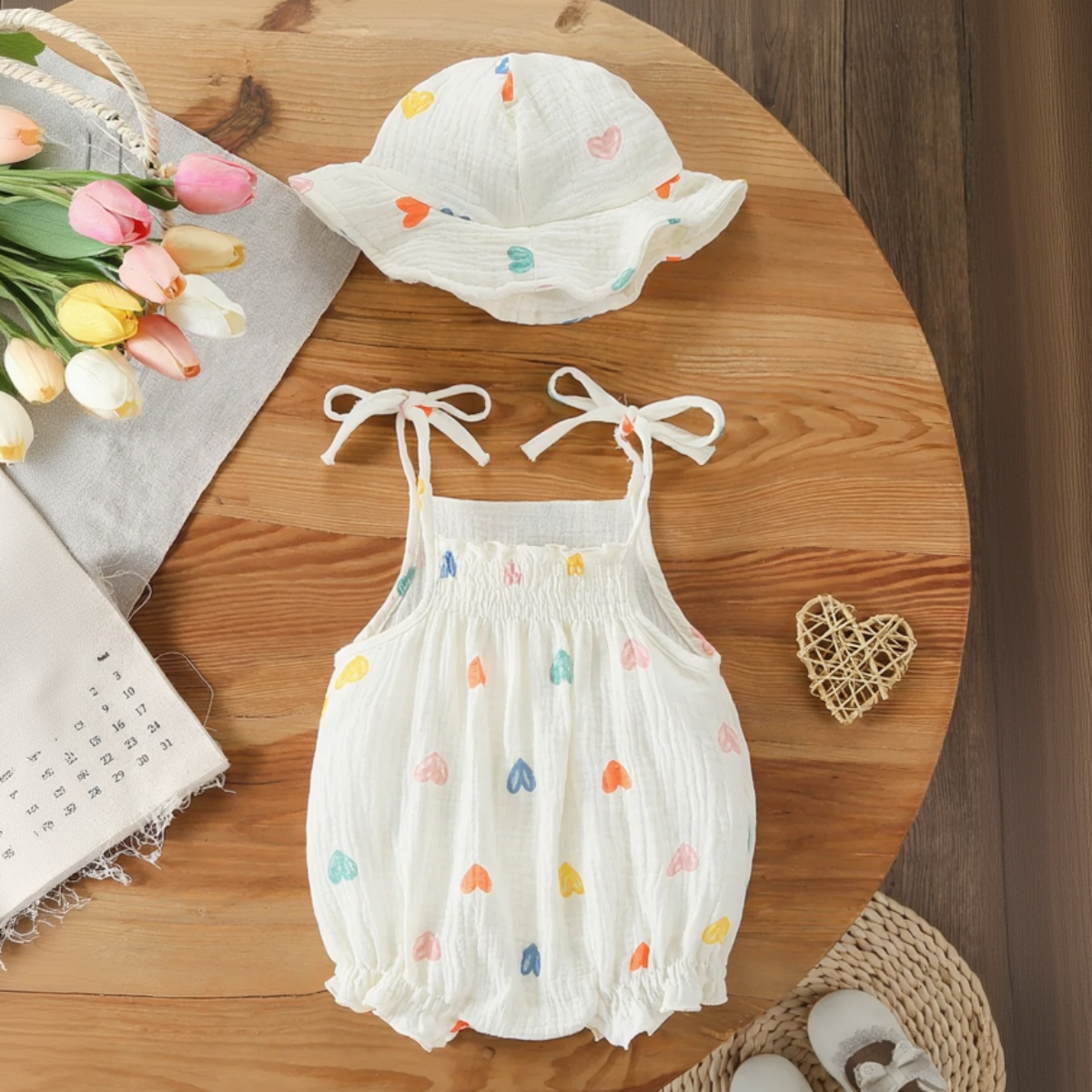 LittleBlossom – Sommerlich, bequem und stilvoll – Baby-Sling-Body mit Hut Herz / 73 (6–9 Monate) | Pädagogisches Holzspielzeug von Mein Kleines Baby