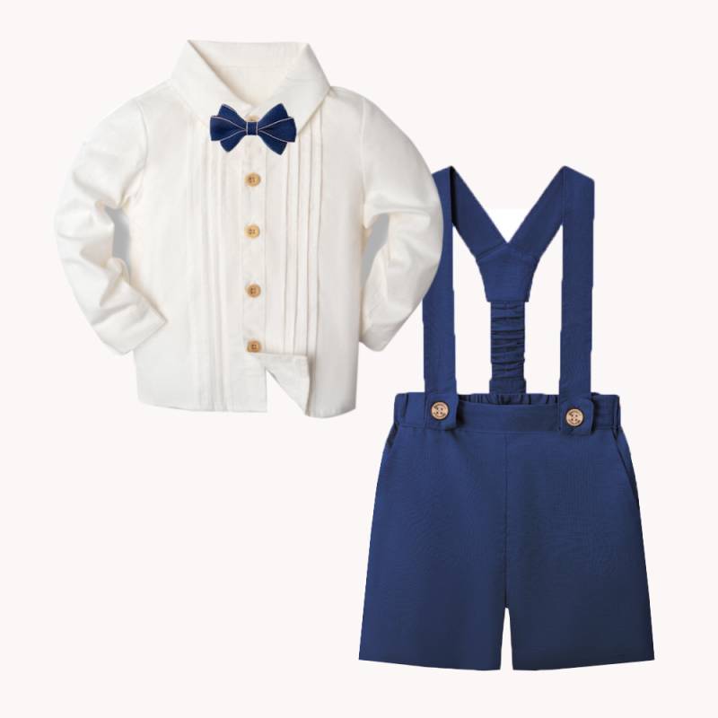 LittleDandy– Klassisch&Elegant– Baumwollshorts mit Hosenträgern, Schleife&Hemd Marineblau (langeÄrmel) / 80 (12–18 Monate) | Pädagogisches Holzspielzeug von Mein Kleines Baby