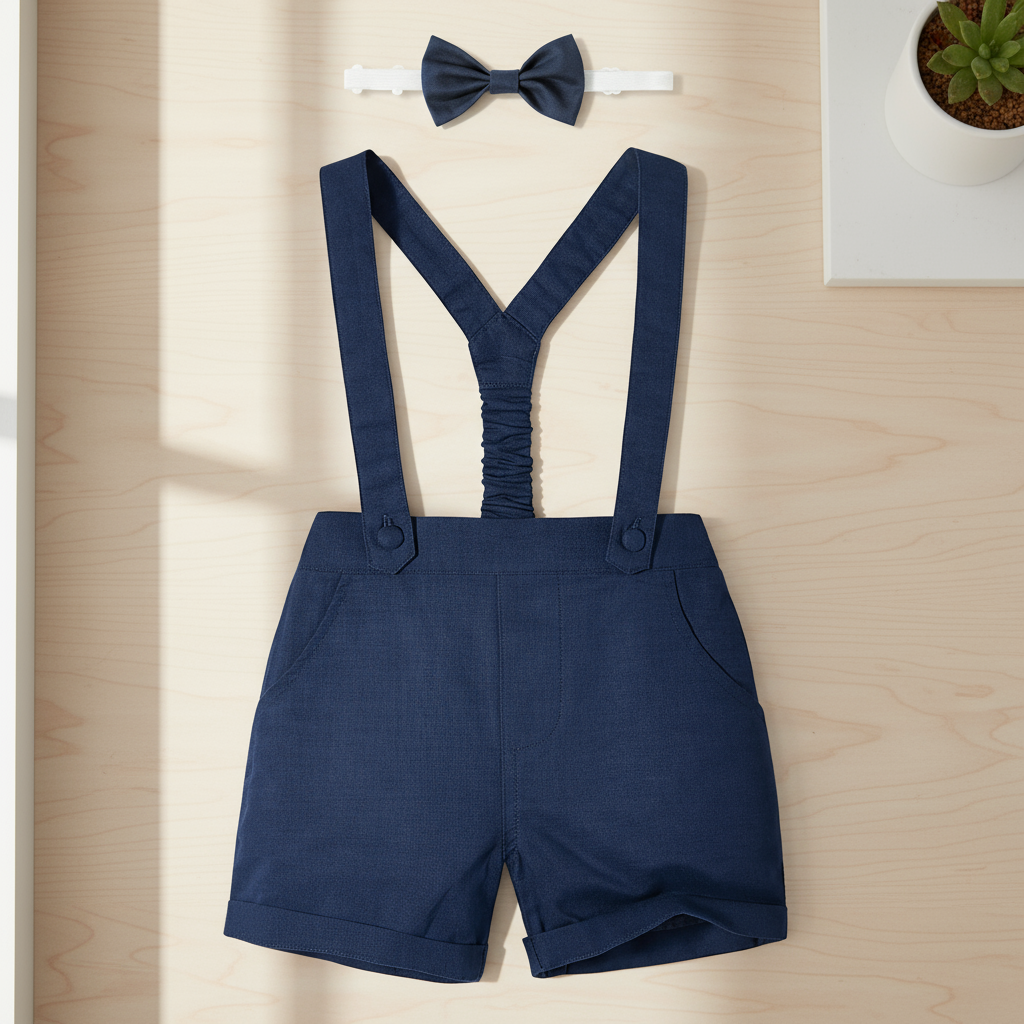 LittleDandy– Klassisch&Elegant– Baumwollshorts mit Hosenträgern und Schleife Marine / 90 (18–24 Monate) | Pädagogisches Holzspielzeug von Mein Kleines Baby