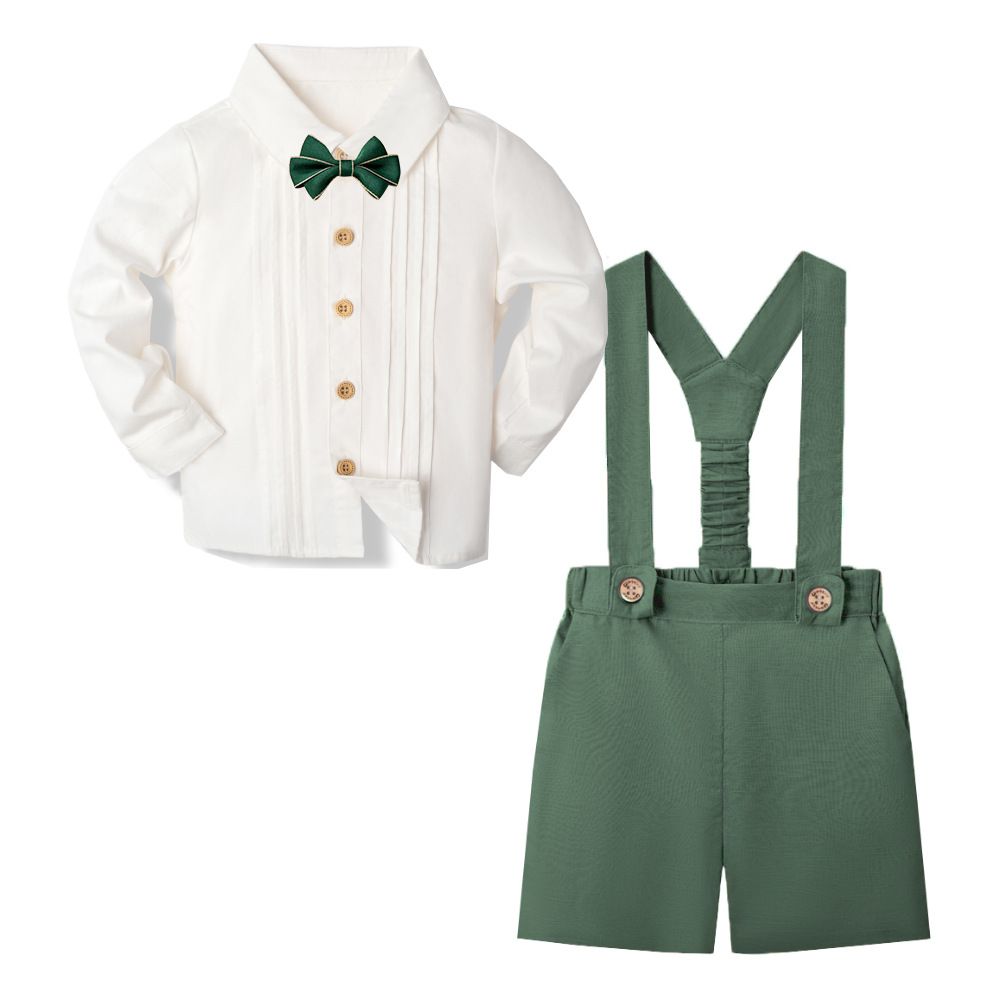 LittleDandy – Klassisk og elegant – Bomuldsshorts med seler, sløjfe & skjorte Skovgrøn (lange ærmer) / 110 (3–4 år) | Pädagogisches Holzspielzeug von Mein Kleines Baby