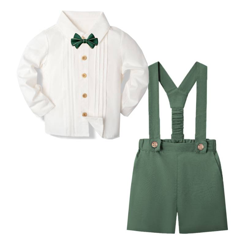LittleDandy – Klassisk og elegant – Bomuldsshorts med seler, sløjfe & skjorte Skovgrøn (lange ærmer) / 110 (3–4 år) | Pädagogisches Holzspielzeug von Mein Kleines Baby