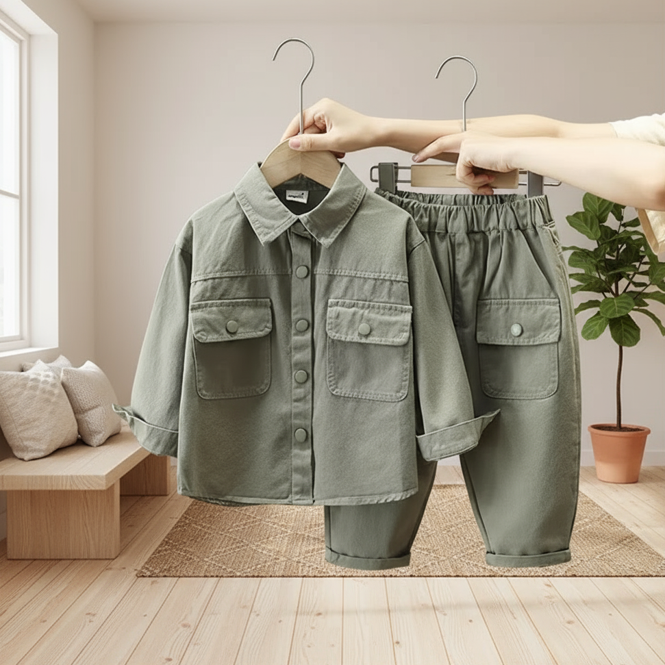 LittleExplorer– Bequem&Cool– Kinderhose&Hemd-Set Grün / 120 (5–6 Jahre) | Pädagogisches Holzspielzeug von Mein Kleines Baby