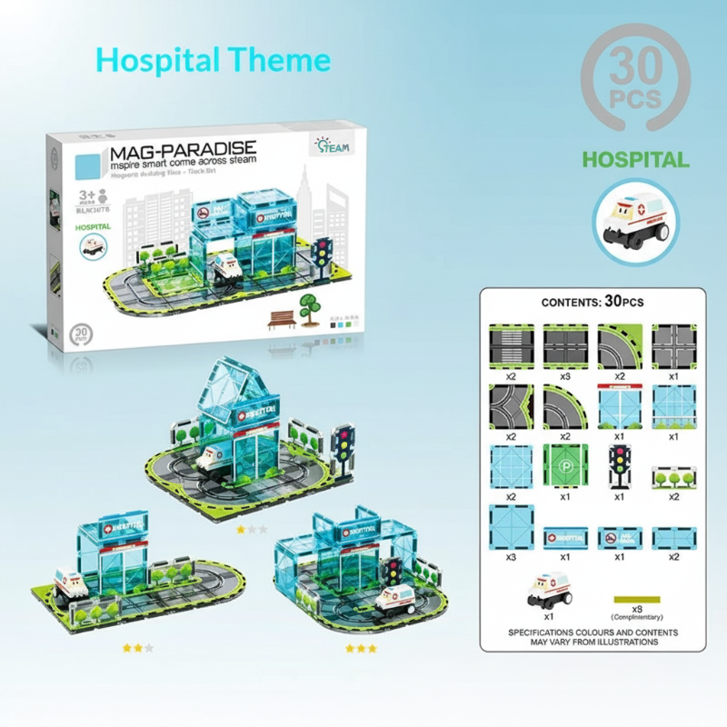 Magnetic Road Blocks – Kreativt & lærerigt – Magnetiske veje byggesæt Hospital (30 dele) | Pädagogisches Holzspielzeug von Mein Kleines Baby