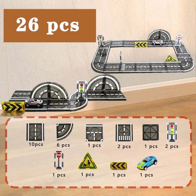 MagnetoTrack– Kreativ&Spielerisch– Magnetische Fliesen Autoset Auf der Straße (Starter) – 26 Stück | Pädagogisches Holzspielzeug von Mein Kleines Baby