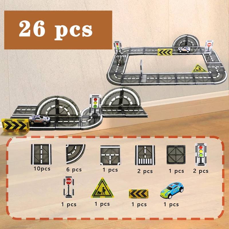 MagnetoTrack– Kreativ&Spielerisch– Magnetische Fliesen Autoset Auf der Straße (Starter) – 26 Stück | Pädagogisches Holzspielzeug von Mein Kleines Baby