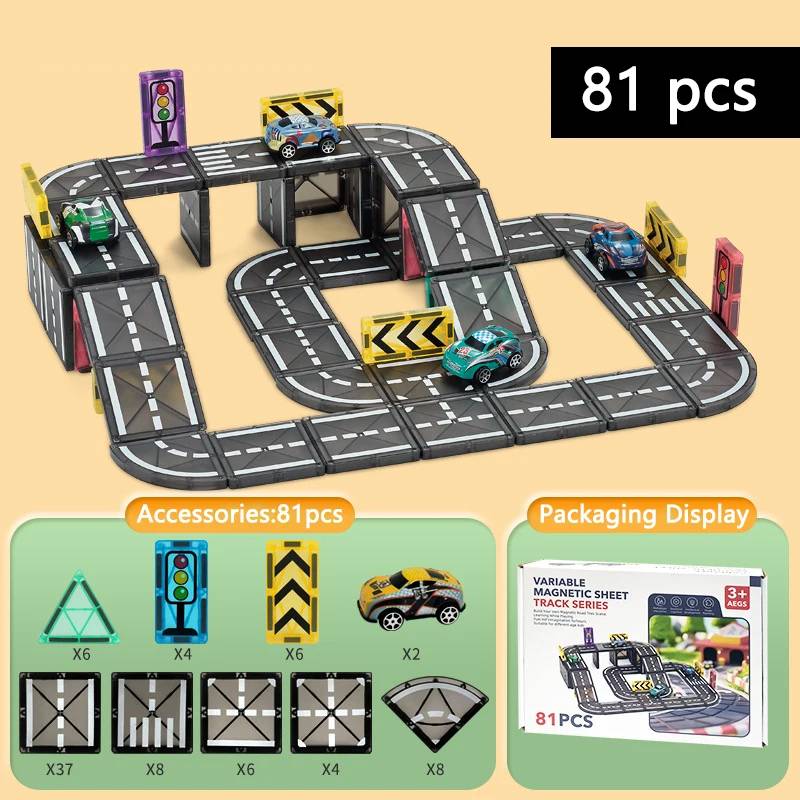 MagnetoTrack – Kreativt & legende – Magnetiske fliser Autosæt I højden (starter) - 81 stk. | Pädagogisches Holzspielzeug von Mein Kleines Baby