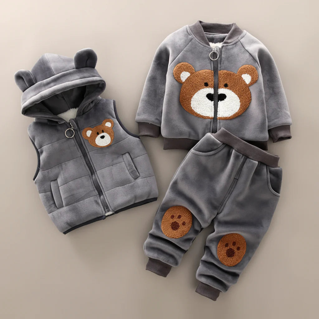 Mini Fashion™ - Bequem&wärmend – Herbst-/Winterpaket Graues Set mit Bärenaufdruck + Weste / 110 (4 Jahre) | Pädagogisches Holzspielzeug von Mein Kleines Baby