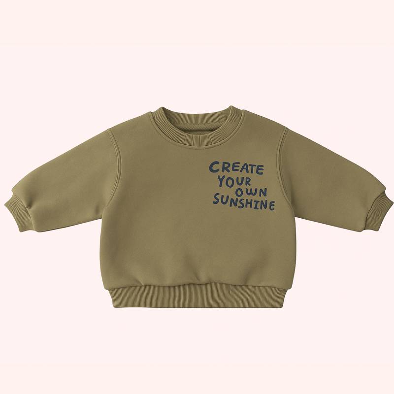 Mini Fashion™ -"Erschaffe deinen eigenen Sonnenschein"- Pullover Olivenglut / 130 (6-7 Jahre) | Pädagogisches Holzspielzeug von Mein Kleines Baby