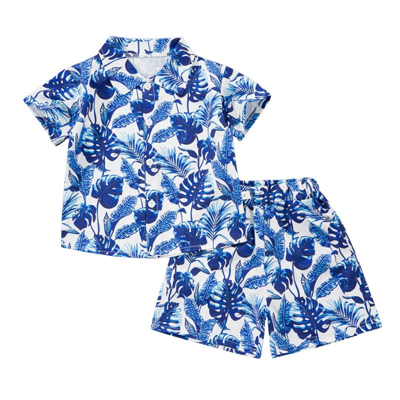 Mini Fashion™ - Frisch und fröhlich - Florales Set für Jungen Blau Weißes Blatt / 90 (1-2 Jahre) | Pädagogisches Holzspielzeug von Mein Kleines Baby