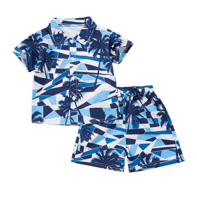 Mini Fashion™ - Frisk og munter - Blomstret drengesæt Blå Palme Geo / 120 (4-5 år) | Pädagogisches Holzspielzeug von Mein Kleines Baby