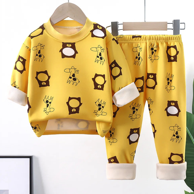 Mini Fashion™ - Kinder Cartoon Fleece Pyjama Gelb - Waldtiere / Größe 130 (6-7 Jahre) | Pädagogisches Holzspielzeug von Mein Kleines Baby