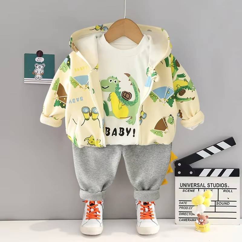 Mini Fashion™ - Kleinkind&Abenteuer - 3-teiliges Bekleidungsset Dino Beige / 100 (3 Jahre) | Pädagogisches Holzspielzeug von Mein Kleines Baby