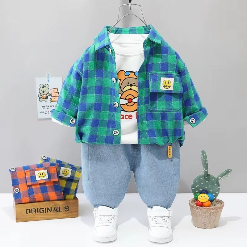 Mini Fashion™ - Kleinkind&Abenteuer - 3-teiliges Bekleidungsset Grün/Blau kariert / 100 (3 Jahre) | Pädagogisches Holzspielzeug von Mein Kleines Baby