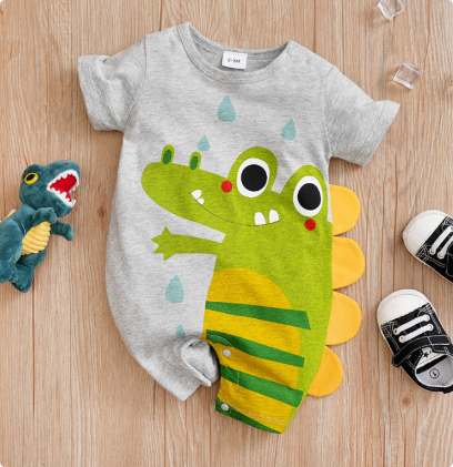 Mini Fashion™ - Komfort für jede Nacht - Kurzärmeliger Pyjama-Body 59 (3-4 Monate) / Grauer Dino | Pädagogisches Holzspielzeug von Mein Kleines Baby