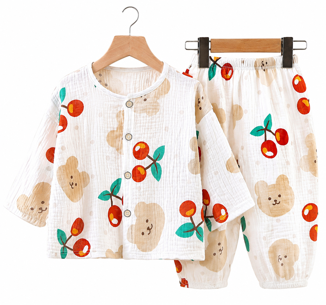 Mini Fashion™ - Luftiges Material - Leinen-Kleid-Set Weiß - Kirsche / 120 (4-5 Jahr) | Pädagogisches Holzspielzeug von Mein Kleines Baby