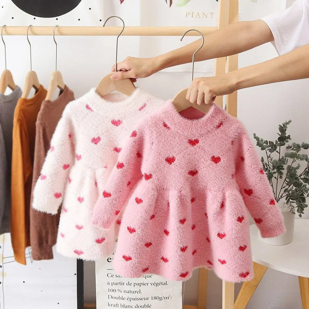 Mini Fashion™ - Schön warm - Kleid aus Fleece Hellrosa - Herzchen / 90 (2 Jahre) | Pädagogisches Holzspielzeug von Mein Kleines Baby