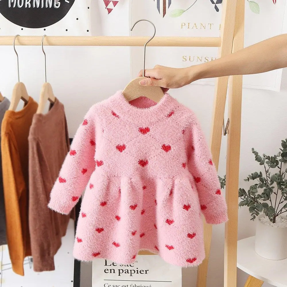 Mini Fashion™ - Schön warm - Kleid aus Fleece Rosa - Rote Herzen / 120 (5 Jahre) | Pädagogisches Holzspielzeug von Mein Kleines Baby