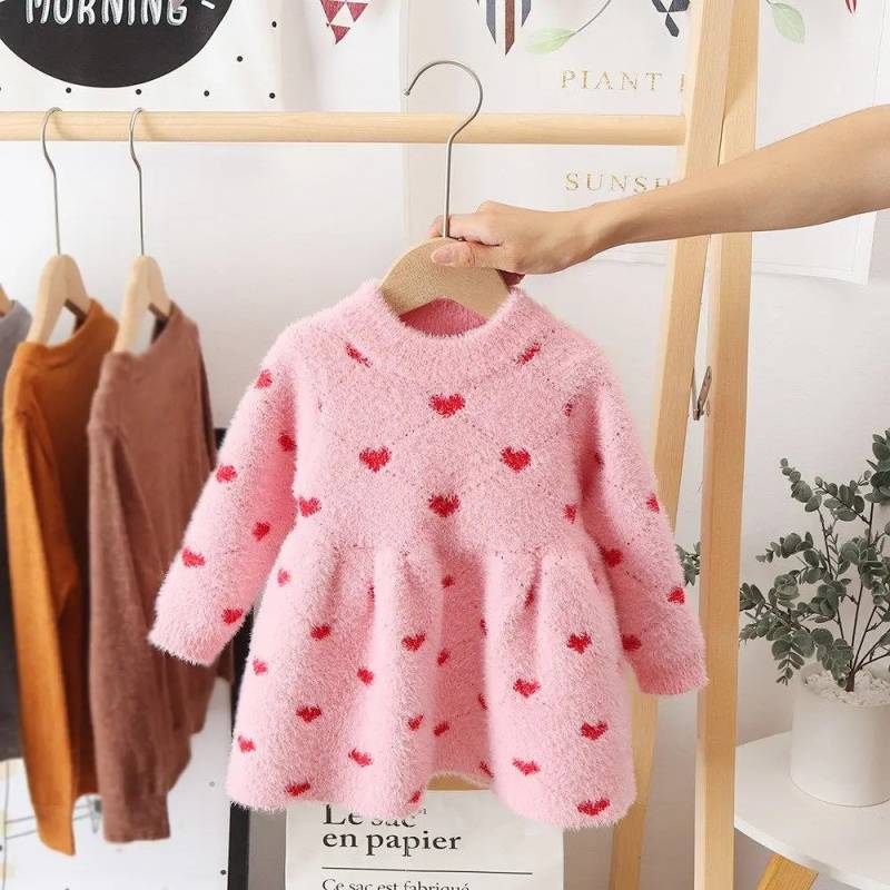 Mini Fashion™ - Schön warm - Kleid aus Fleece Rosa - Rote Herzen / 120 (5 Jahre) | Pädagogisches Holzspielzeug von Mein Kleines Baby