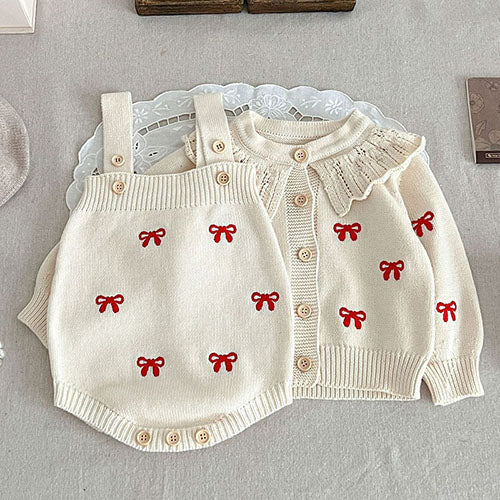 Mini Fashion™ - Sødt look - Strikket Tøjsæt Hvid rød - sæt / 80 (1 år) | Pädagogisches Holzspielzeug von Mein Kleines Baby