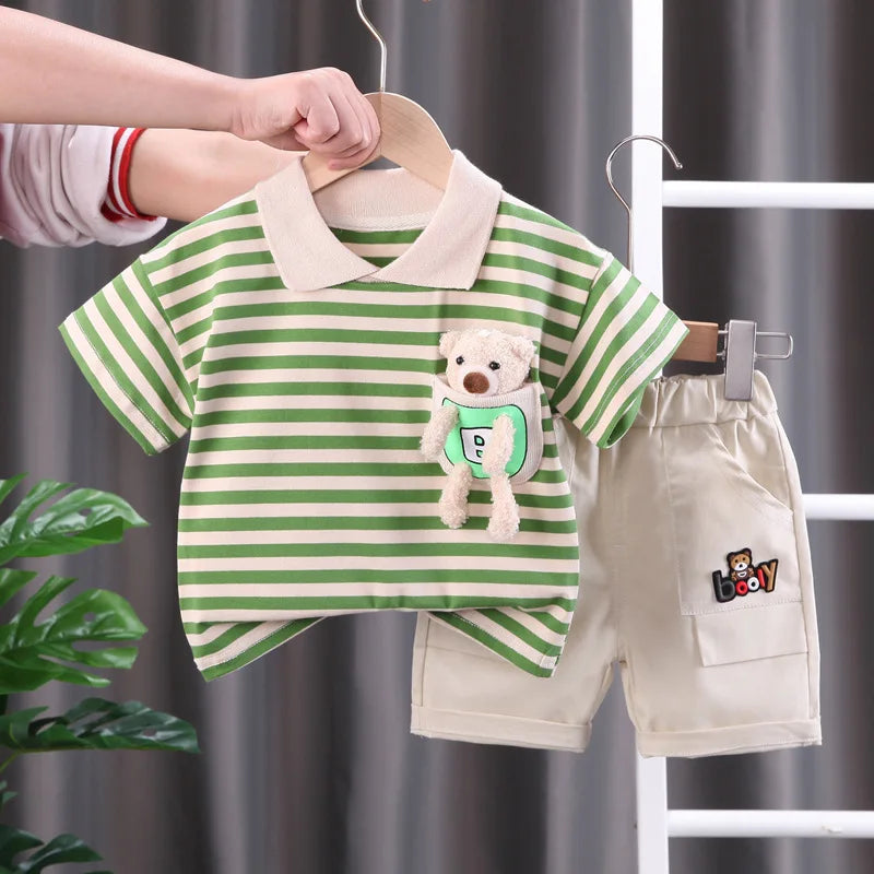 Mini Fashion™ - Streifen Anzug - Baumwollkleid Set Grün / 98 (3 Jahr) | Pädagogisches Holzspielzeug von Mein Kleines Baby