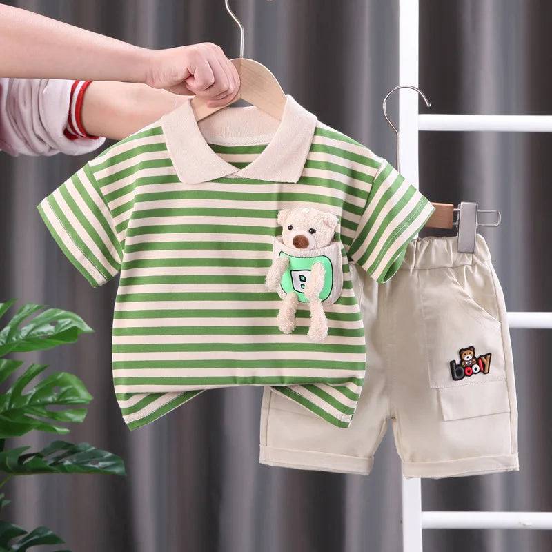 Mini Fashion™ - Streifen Anzug - Baumwollkleid Set Grün / 98 (3 Jahr) | Pädagogisches Holzspielzeug von Mein Kleines Baby