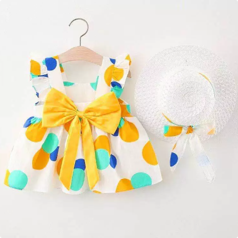 Mini Fashion™ – Süß&sommerlich– Fruchtkleid (enthält GRATIS Strohhut) Gelb-Türkis Punkte / 100 (18-24 Monate) | Pädagogisches Holzspielzeug von Mein Kleines Baby