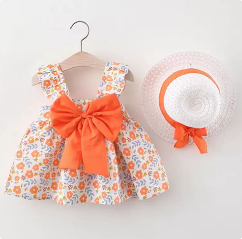 Mini Fashion™ – Süß&sommerlich– Fruchtkleid (enthält GRATIS Strohhut) Orangenes Blumenmuster / 80 (9-12 Monate) | Pädagogisches Holzspielzeug von Mein Kleines Baby