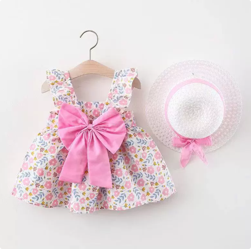 Mini Fashion™ – Süß&sommerlich– Fruchtkleid (enthält GRATIS Strohhut) Rosa Blumenmuster / 110 (2-3 Jahre) | Pädagogisches Holzspielzeug von Mein Kleines Baby
