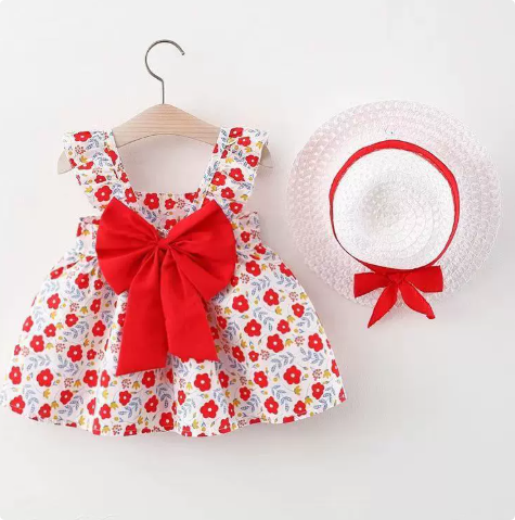 Mini Fashion™ – Süß&sommerlich– Fruchtkleid (enthält GRATIS Strohhut) Rotes Blumenmuster / 100 (18-24 Monate) | Pädagogisches Holzspielzeug von Mein Kleines Baby