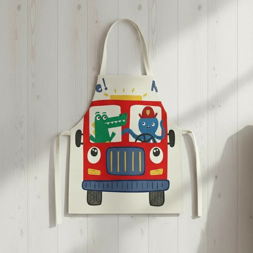 MiniChef™ – Verspielt&Fleckabweisend– Kinderschürze M (5-8 Jahre) / Dino-Truck | Pädagogisches Holzspielzeug von Mein Kleines Baby