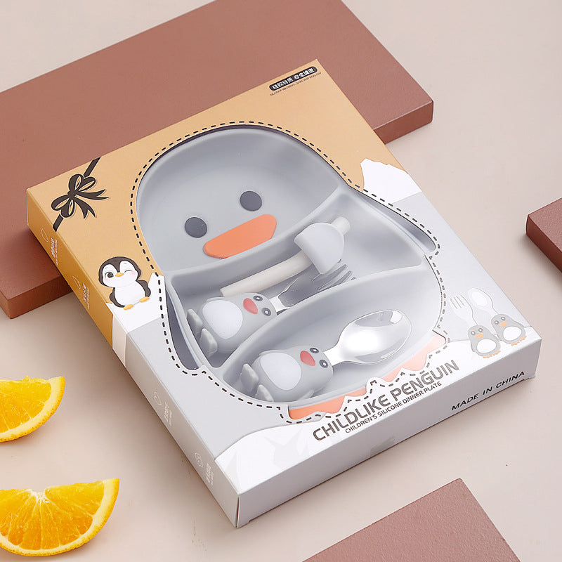 MiniMeal– Sicher&rutschfest– Silikon-Kleinkind-Geschirrset mit Besteck ?Penguin (5er-Set) | Pädagogisches Holzspielzeug von Mein Kleines Baby