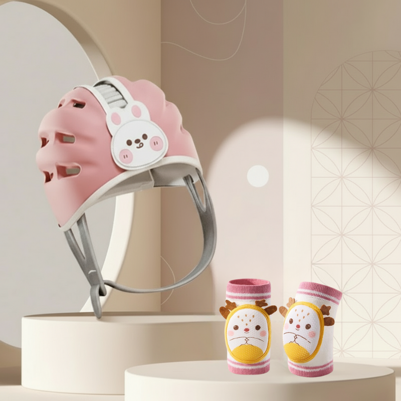 MiniShield– Leicht und atmungsaktiv - Kopfschutz für Kinder Kaninchen / Rosa + 2x Knieschoner | Pädagogisches Holzspielzeug von Mein Kleines Baby