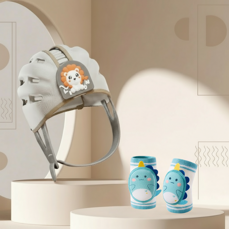 MiniShield– Leicht und atmungsaktiv - Kopfschutz für Kinder Löwe / Hellblau + 2x Knieschoner | Pädagogisches Holzspielzeug von Mein Kleines Baby
