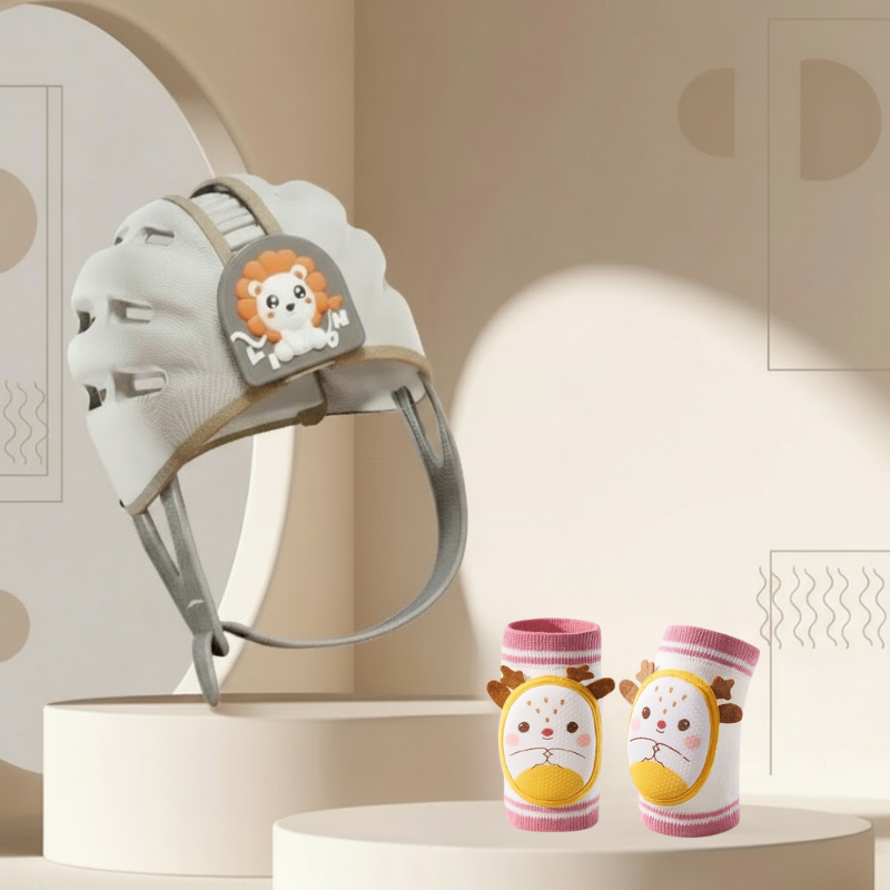 MiniShield – Leicht und atmungsaktiv - Kopfschutz für Kinder Löwe / Rosa + 2x Knieschoner | Pädagogisches Holzspielzeug von Mein Kleines Baby