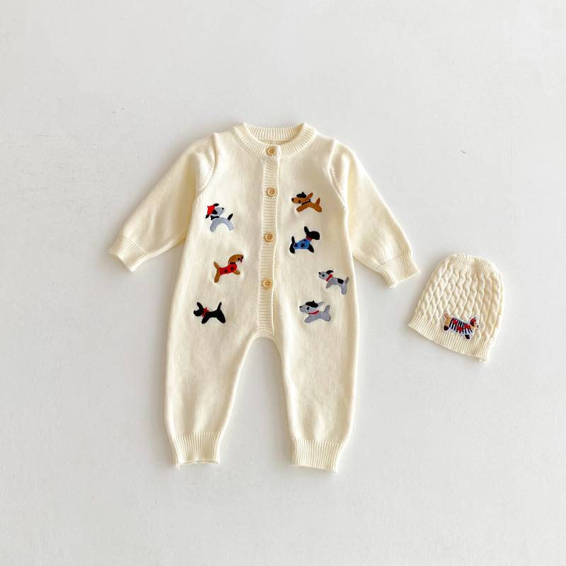 PlayfulKnit – Weich & niedlich – Gestrickter Baby-Strampler mit Hundemotiv Beige / 90 (12–18 Monate) | Pädagogisches Holzspielzeug von Mein Kleines Baby