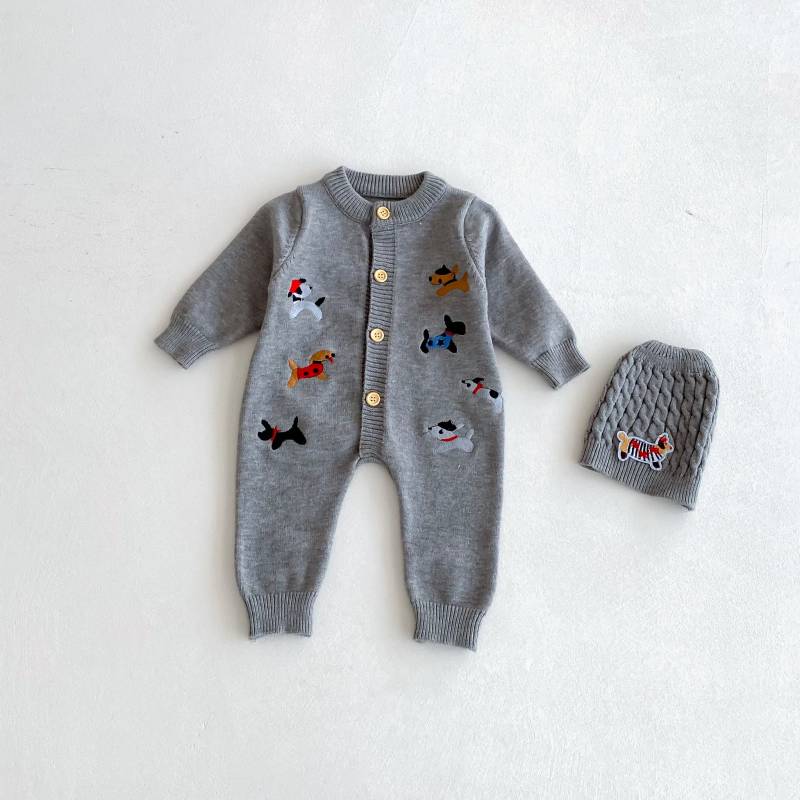 PlayfulKnit – Weich & niedlich – Gestrickter Baby-Strampler mit Hundemotiv Grau / 90 (12–18 Monate) | Pädagogisches Holzspielzeug von Mein Kleines Baby
