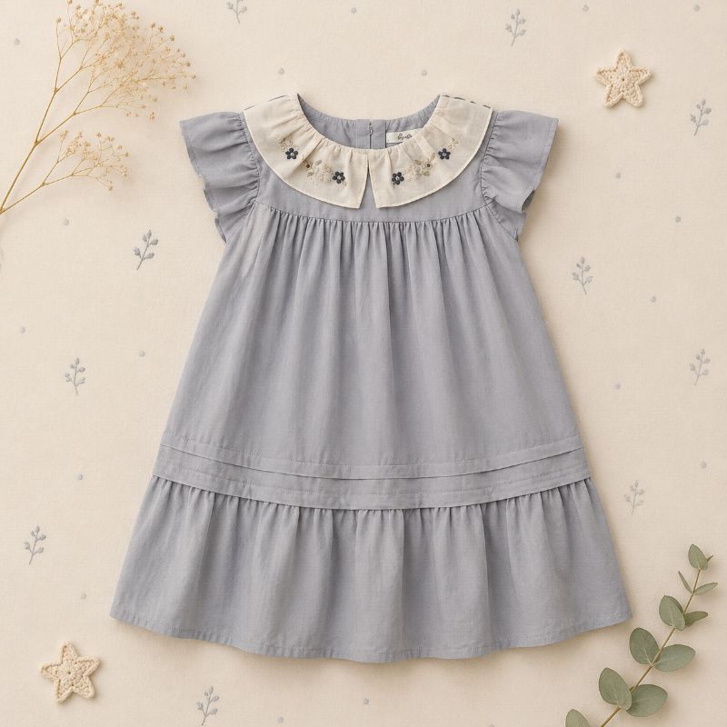 Princess Dress – Stilvoll & bequem – Kleid mit besticktem Kragen Blau / 90 (18–24 Monate) | Pädagogisches Holzspielzeug von Mein Kleines Baby