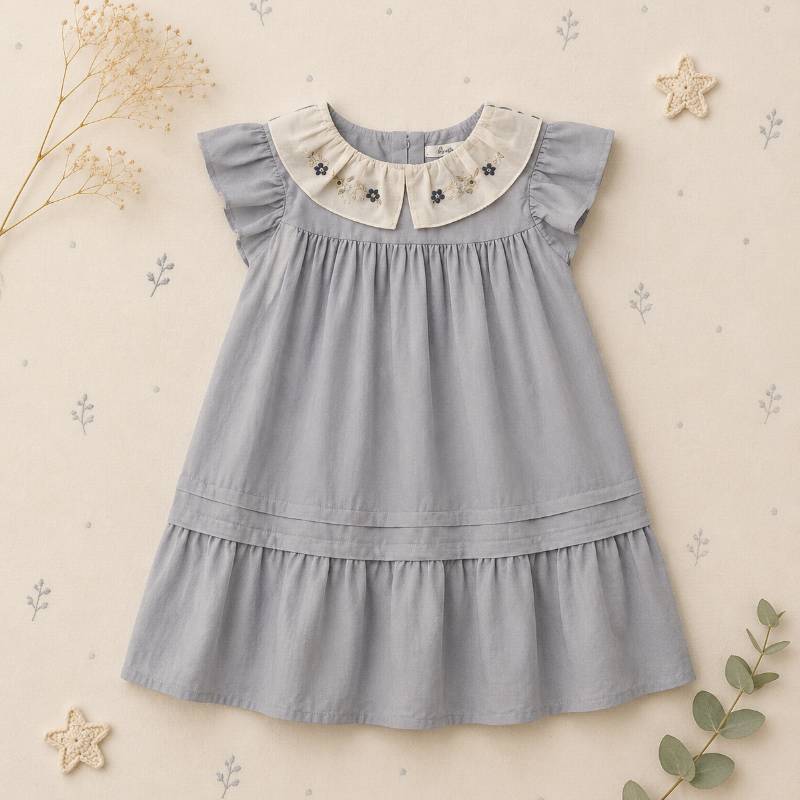 Princess Dress – Stilvoll & bequem – Kleid mit besticktem Kragen Blau / 90 (18–24 Monate) | Pädagogisches Holzspielzeug von Mein Kleines Baby