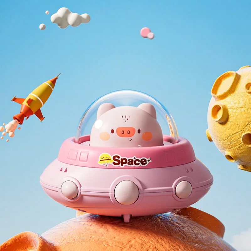 Push and Go UFO Toy – Motorik & Spiel – UFO Spielzeug Rosa Schwein | Pädagogisches Holzspielzeug von Mein Kleines Baby