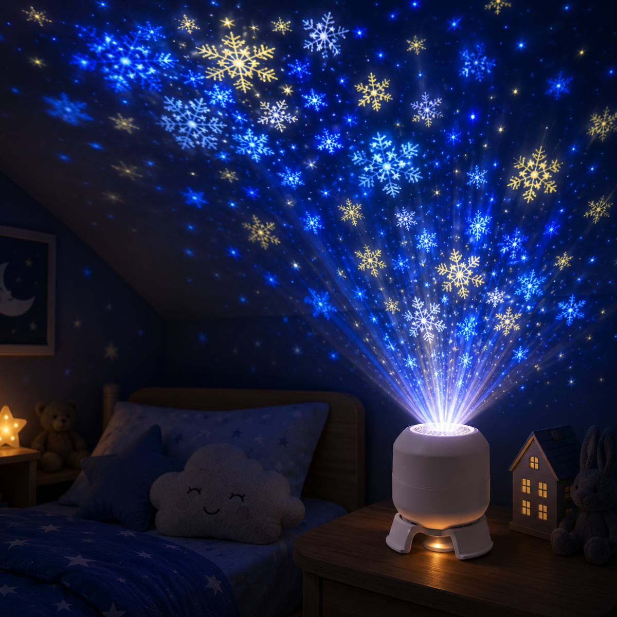 SeaDream – Spielerisch & lehrreich – 360° drehbares LED-Nachtlicht Schneeflocke | Pädagogisches Holzspielzeug von Mein Kleines Baby