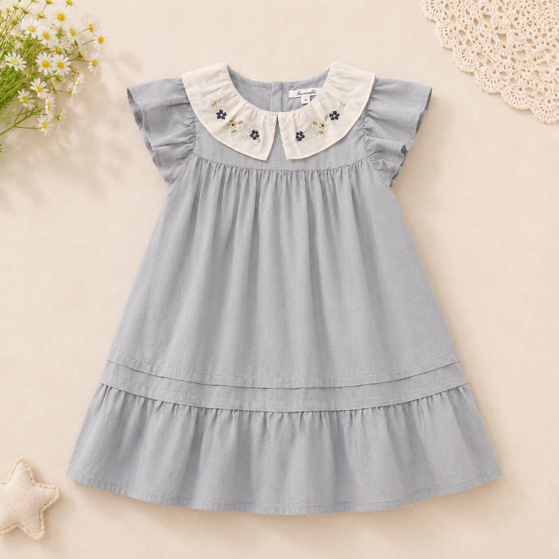 Short Sleeve Embroidery Dress – Elegant & Komfort – Boutique-Mädchenkleid Grau / 130 (6–7 Jahre) | Pädagogisches Holzspielzeug von Mein Kleines Baby