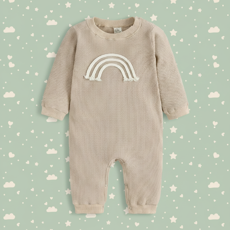 SnuggleHue – Weich & bequem – Regenbogen-Baby-Strampler Beige / Regenbogen – Lange Ärmel & Beine / 80 (9–12 Monate) | Pädagogisches Holzspielzeug von Mein Kleines Baby